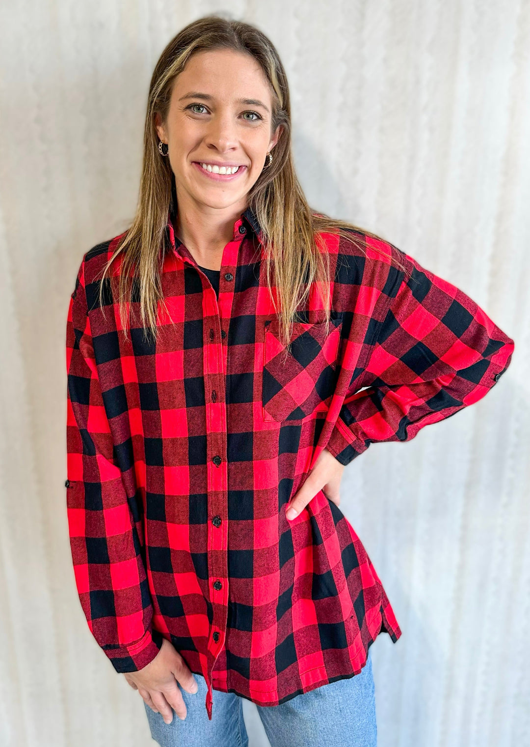 Oversize Red/Black Plaid Flannel Shirt \ Women's red and black buffalo check top
