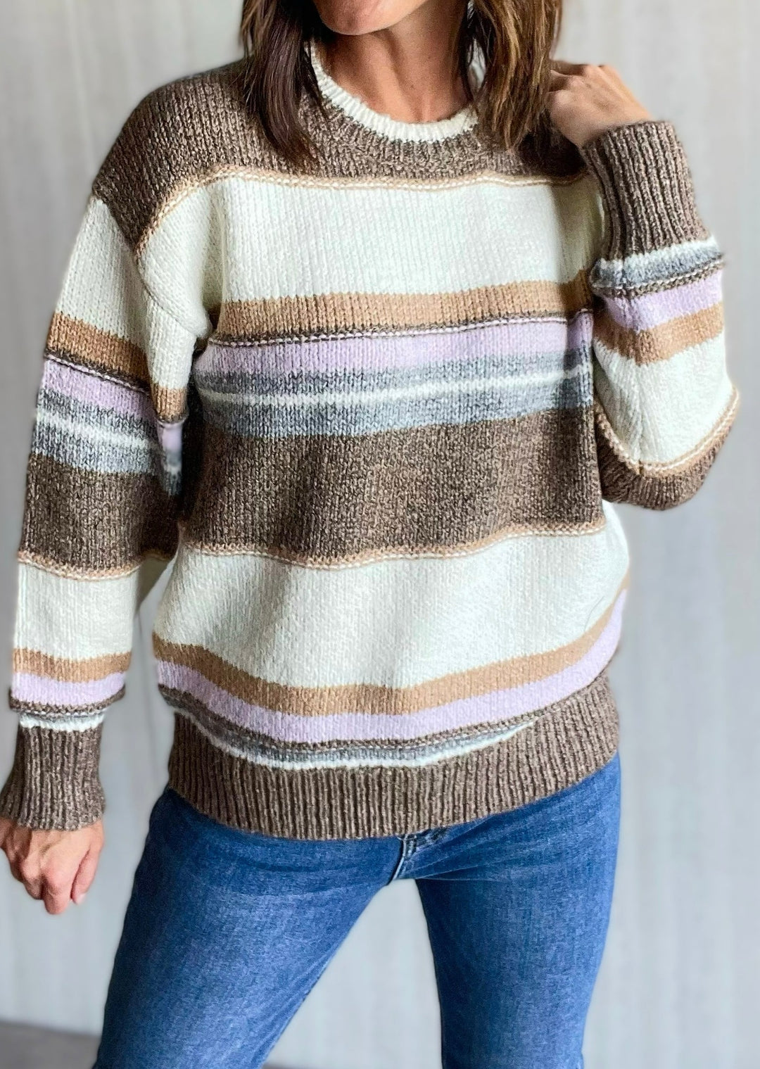 Taupe Striped Sweater with Lavender