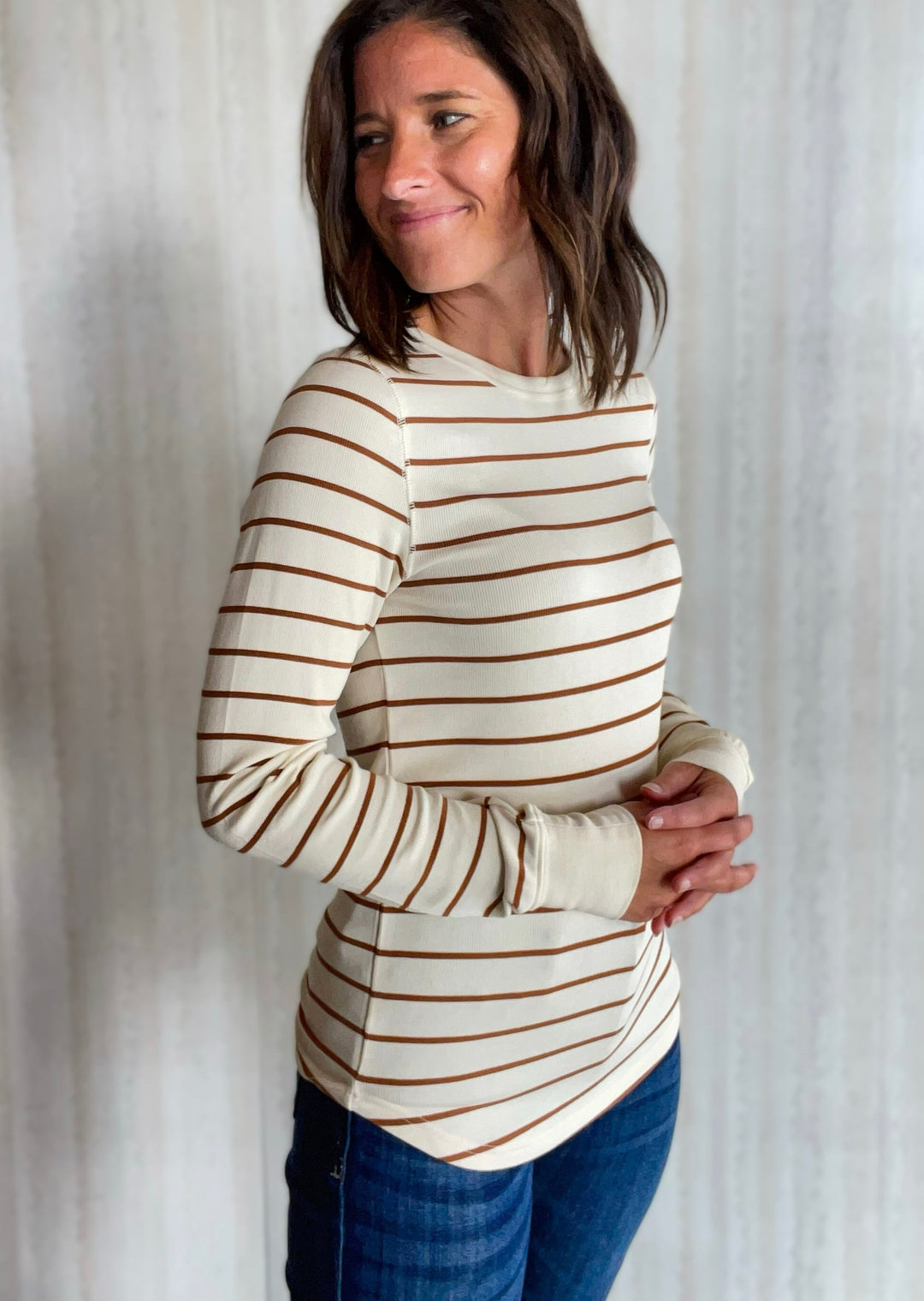 Striped Crew Neck Long Sleeve | Ribbed Long Sleeve | Cream & Camel Tan Long Sleeve Shirt by Thread & Supply sold at Embolden based out of Central Illinois