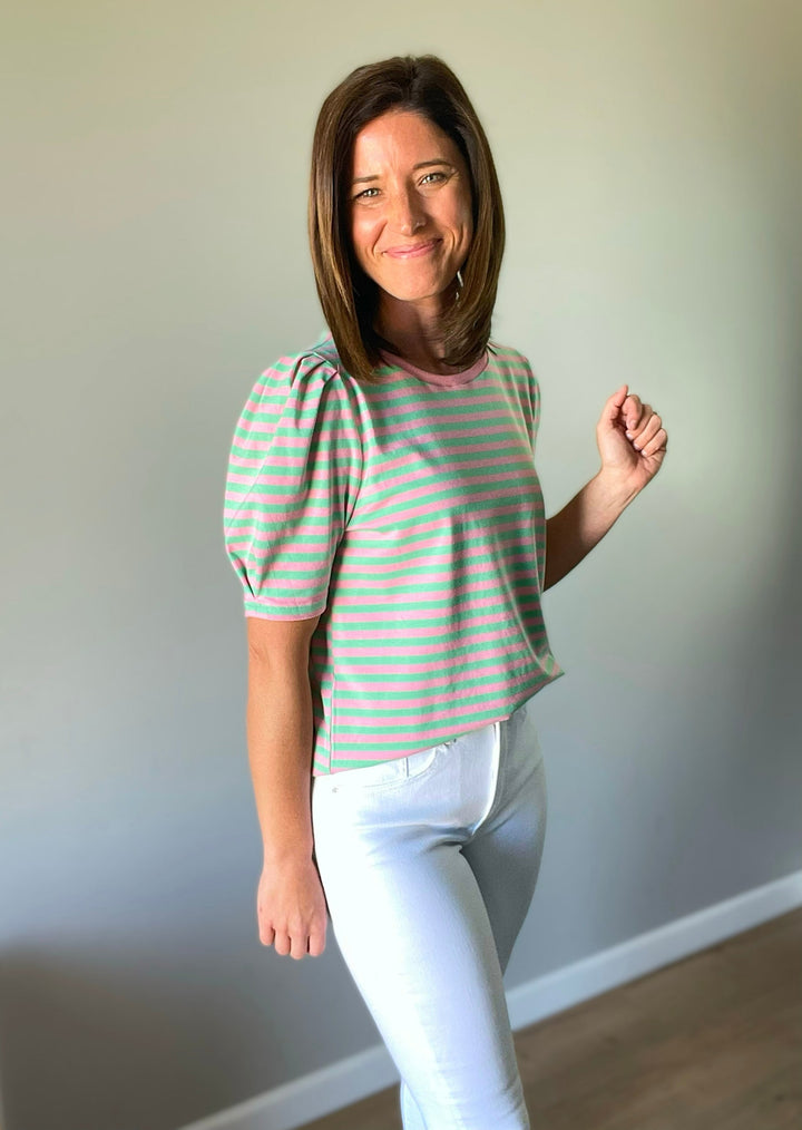 Women's Striped Puff Sleeve Top (Pastel - Pink and Mint Green))