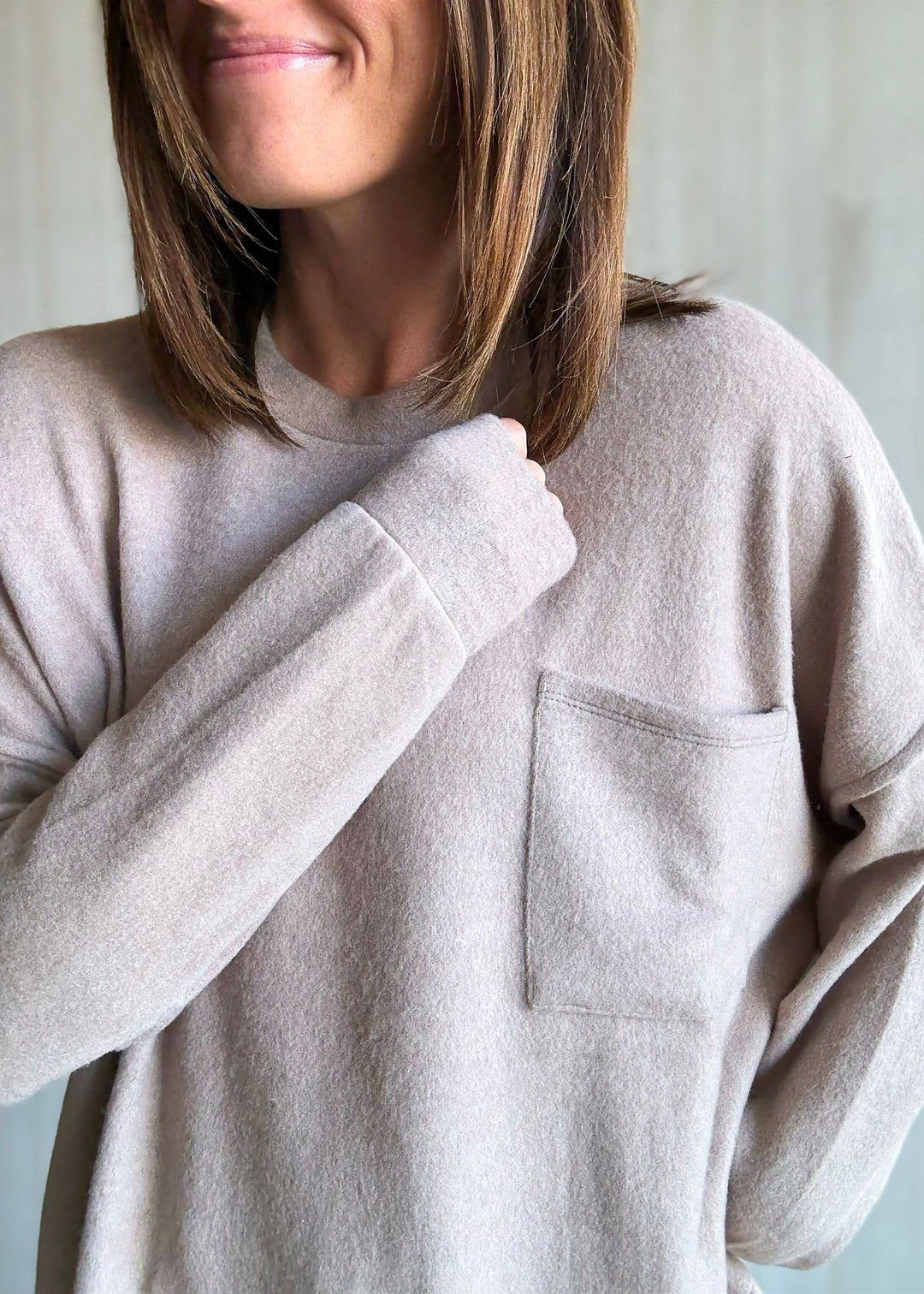 Women's cozy Brushed Melange Drop Shoulder Top in a light tan color