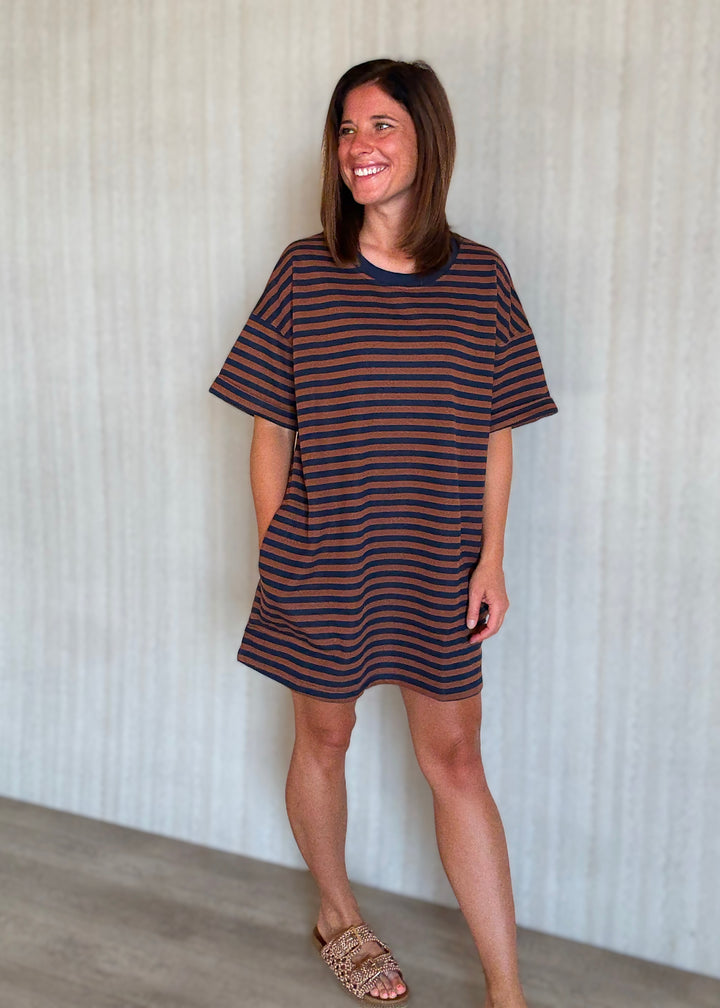 Women's Navy & Brick Striped Oversized Tee Dress. Cute for Game Days!