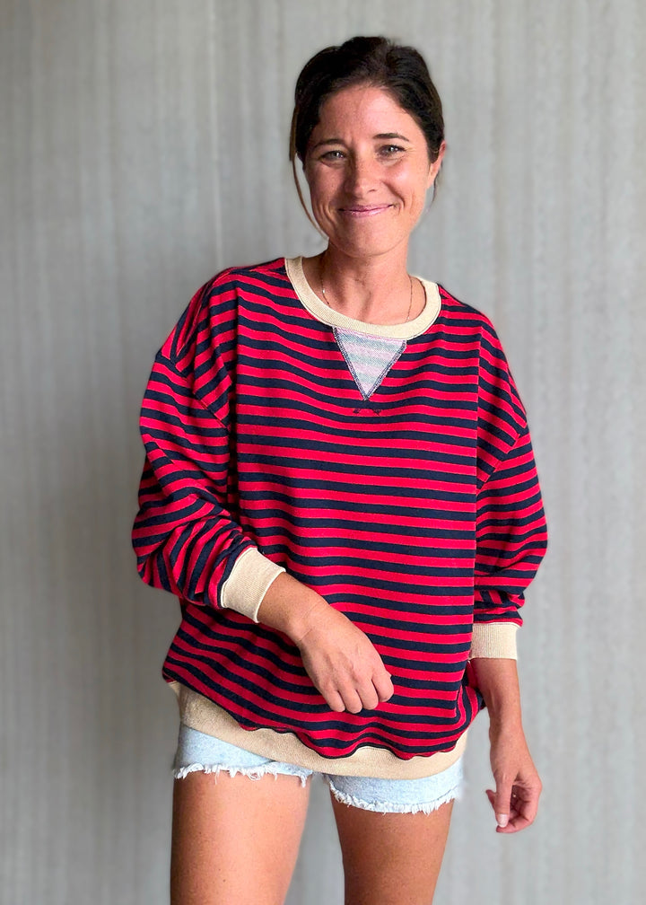 Women's Red & Navy Oversized Striped Top
