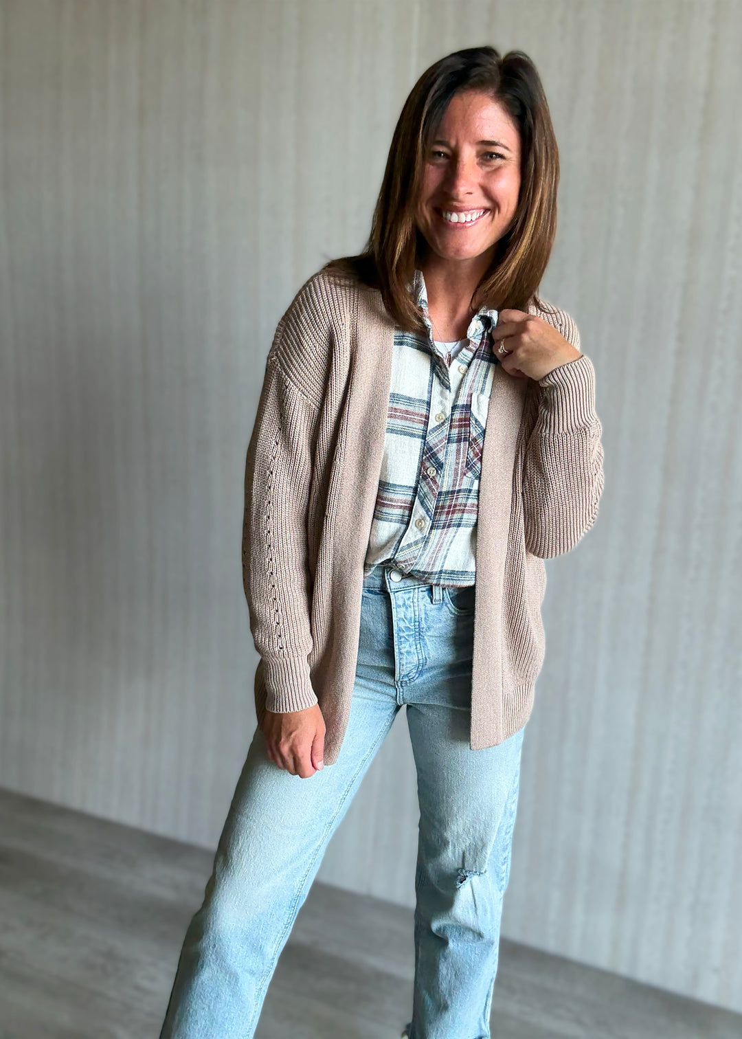 Women's Mocha Eyelet Open Cardigan Sweater