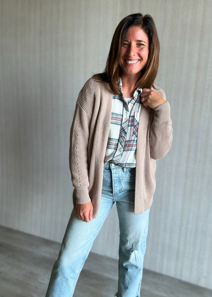 Women's Mocha Eyelet Open Cardigan Sweater
