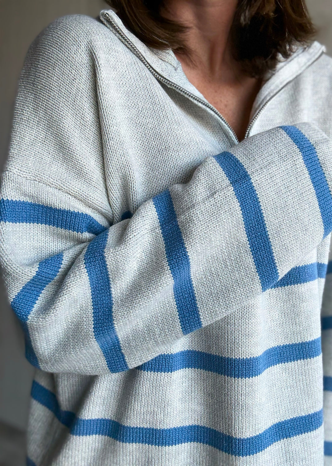 Women's Light Gray Striped Quarter Zip Sweater with Blue Stripes