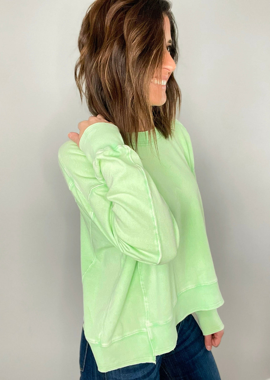 Mineral Washed Mint Lime Green Pullover | Cozy Spring Women's Pullover Sweatshirt