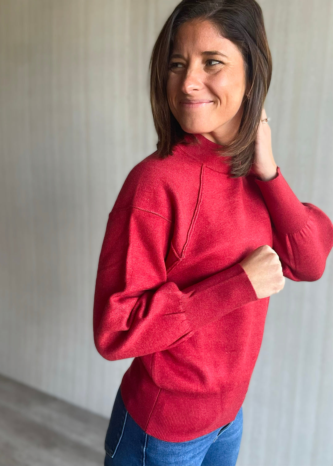 Women's Red Exposed Seam Sweater with mock neck