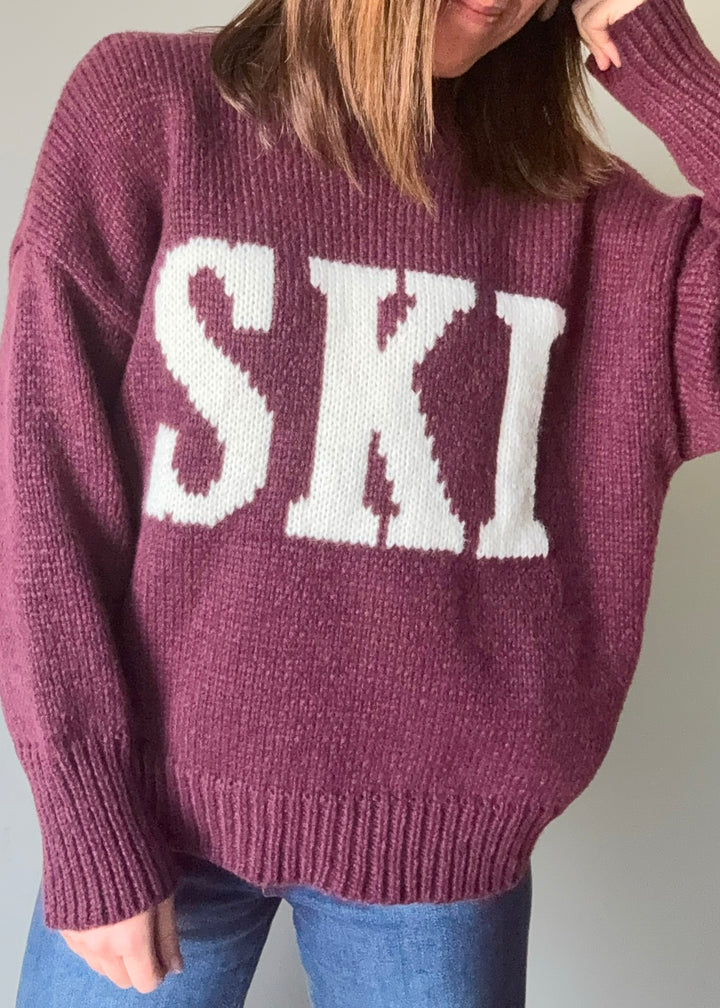 Women's Ski Graphic Sweater in a wine maroon color. | Women's Cozy Winter Sweaters