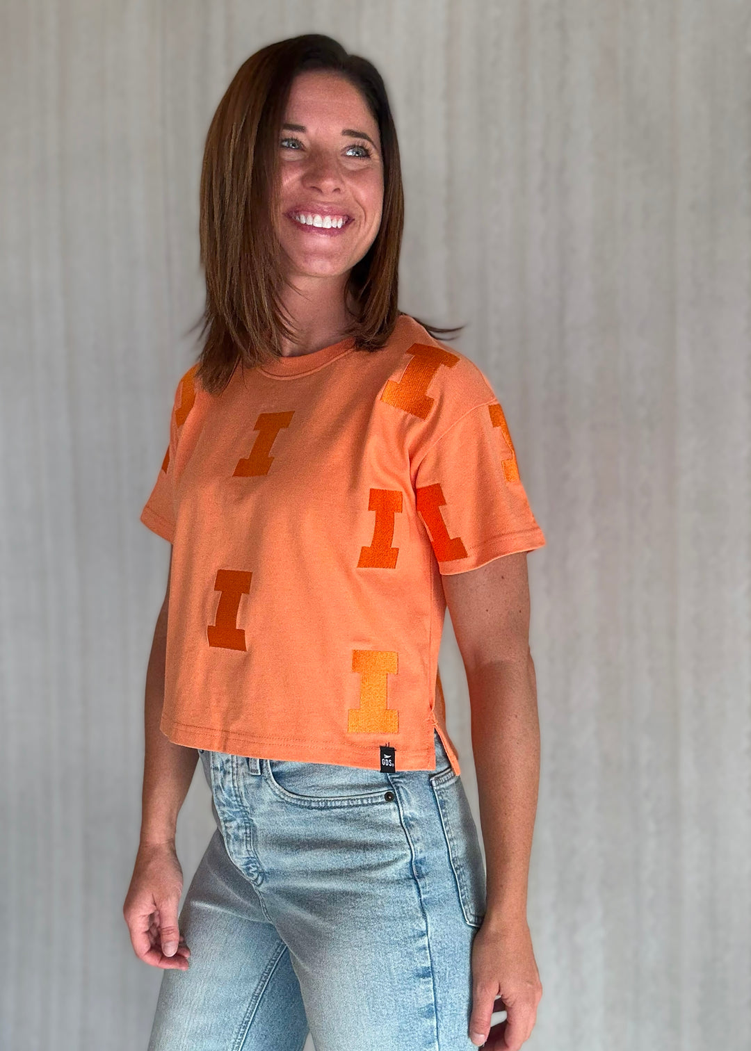 Women's Illinois Game Day Looks - Orange Sherbert Illinois Varsity "I" Repeat Tee | Cute Champaign-Urbana Game Day Outfits