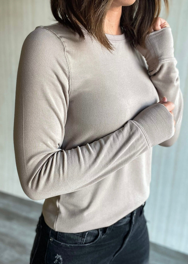 Basic Taupe Crew Long Sleeve | Ribbed Taupe Long Sleeve Layering Top