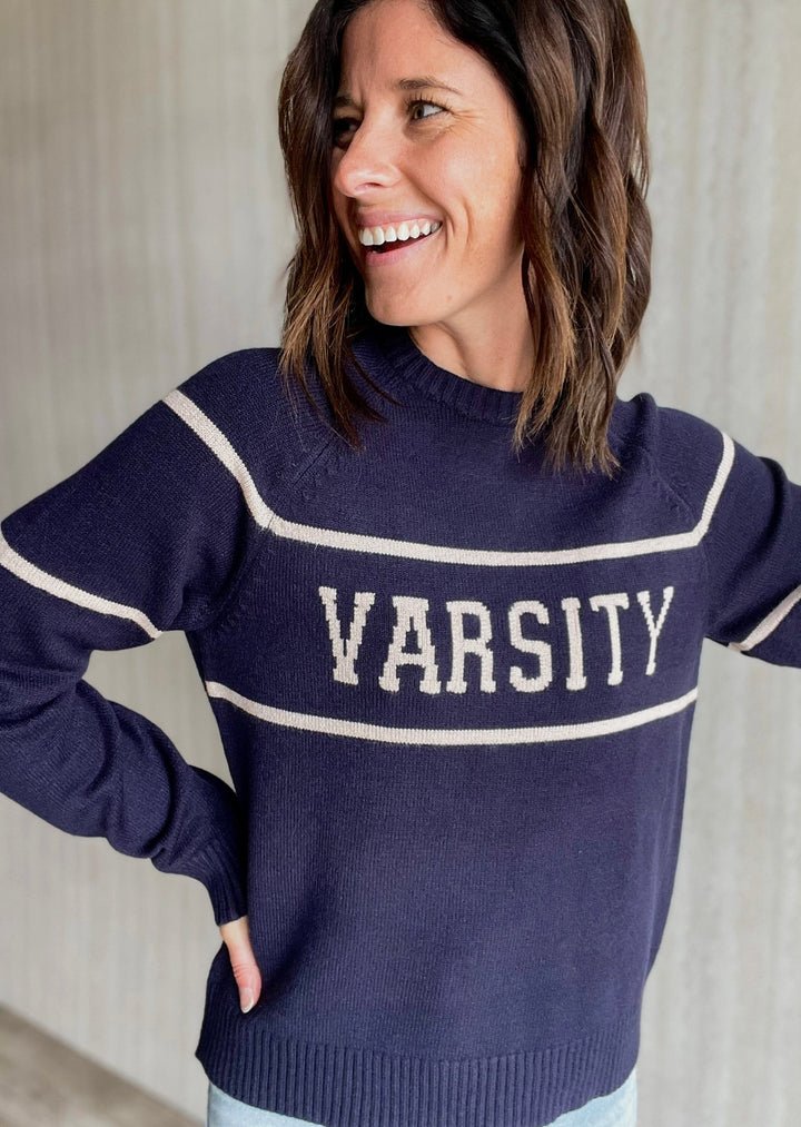 Navy Sweater with the words Varsity across the front. Preppy Navy Sporty Sweater - Sweater for game days