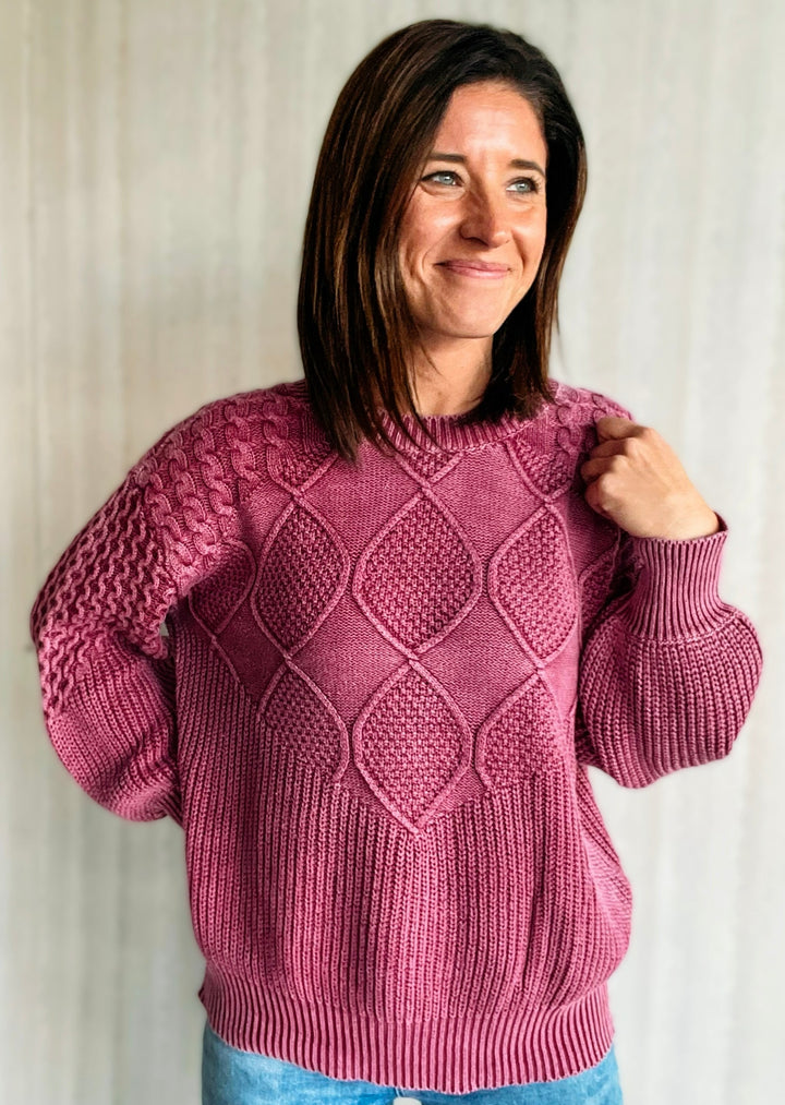 Washed Wine Textured Patterned Sweater