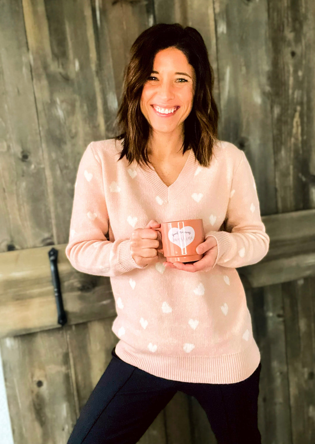 Women's Pink Heart Sweater | Pink Sweater with White Hearts - Valentine's Day Outfit