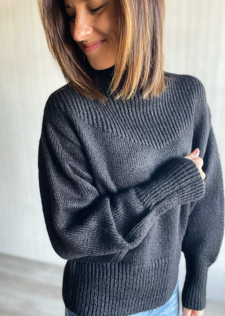 Women's cozy Black Balloon Sleeve Sweater