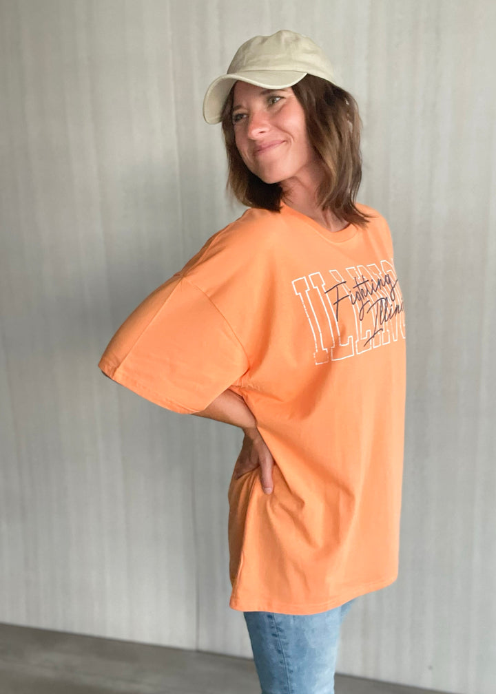 Women's Orange Embroidered Fighting Illini Tee | Champaign-Urbana Boutique with game day outfits for Illinois games.