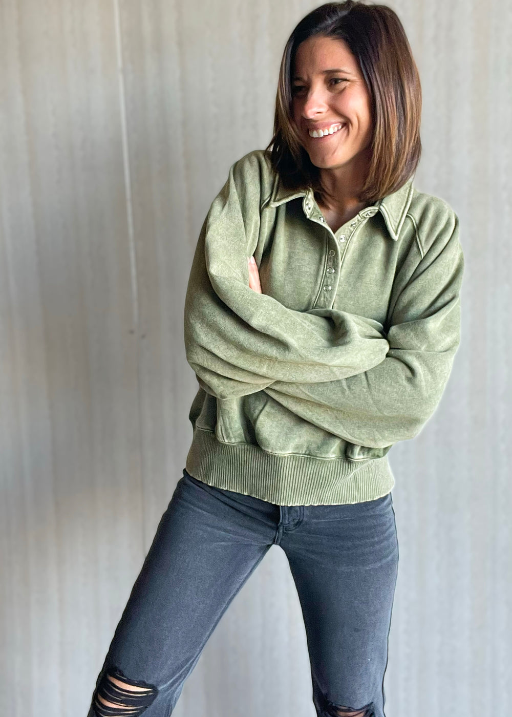 Women's Olive Acid Wash Fleece Half Snap Pullover