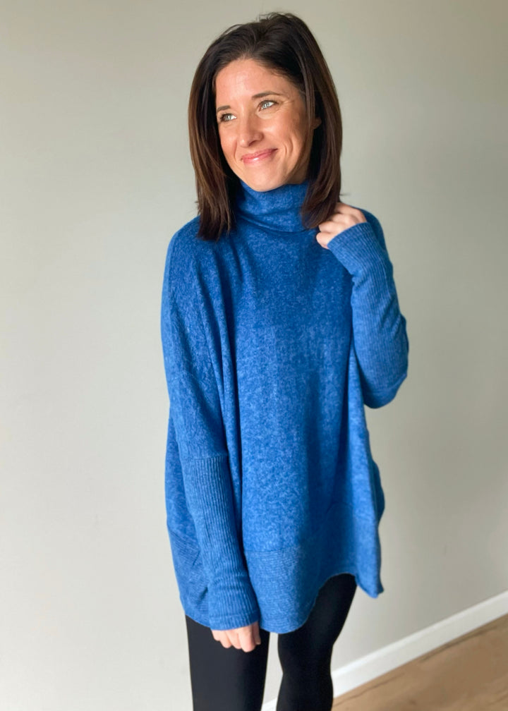 Women's cozy Blue Brushed Hacci Turtleneck