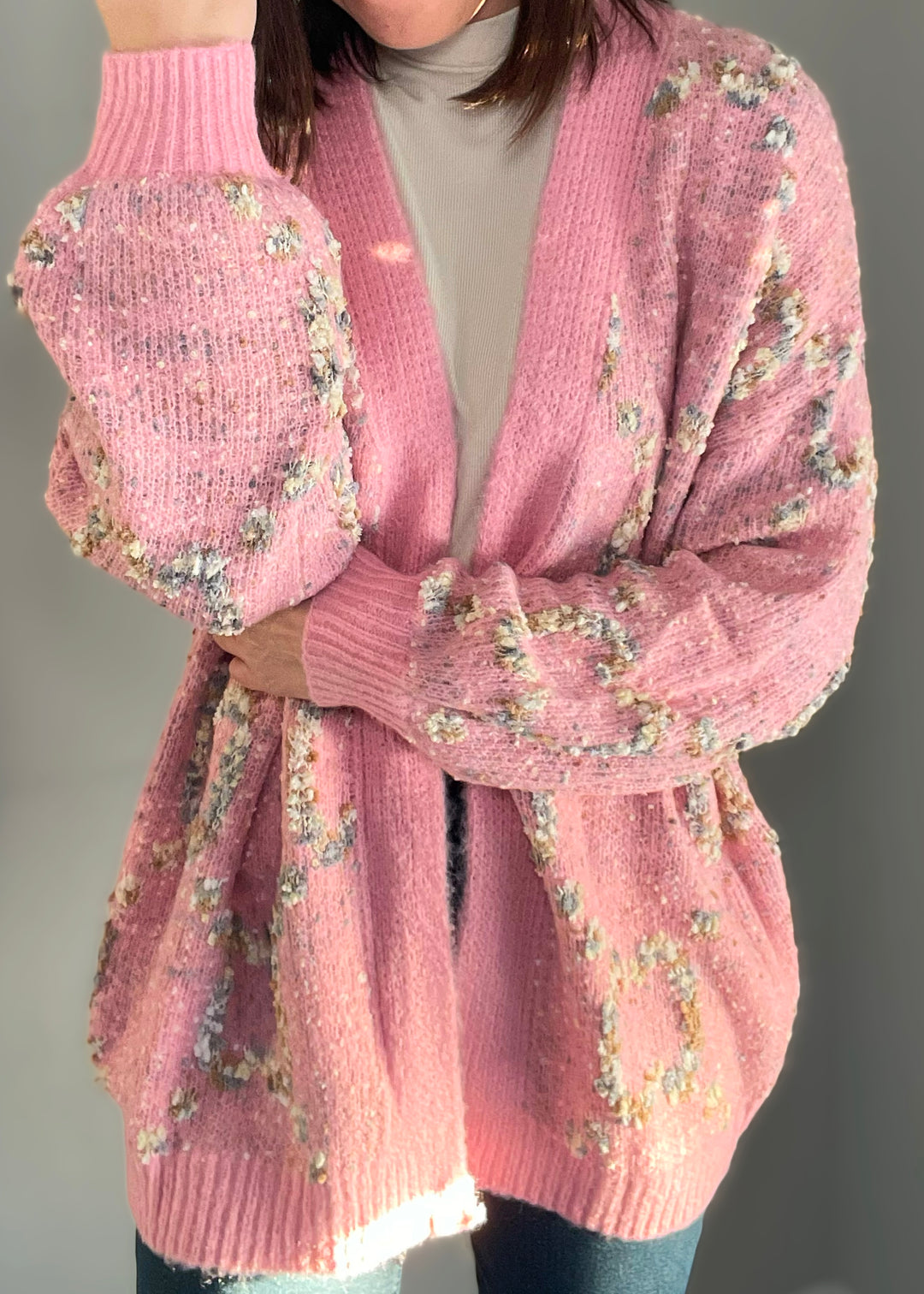 Women's Pink Stardust Cardigan | Popcorn material cardigan | Cute Valentine's Day Sweater Cardigan