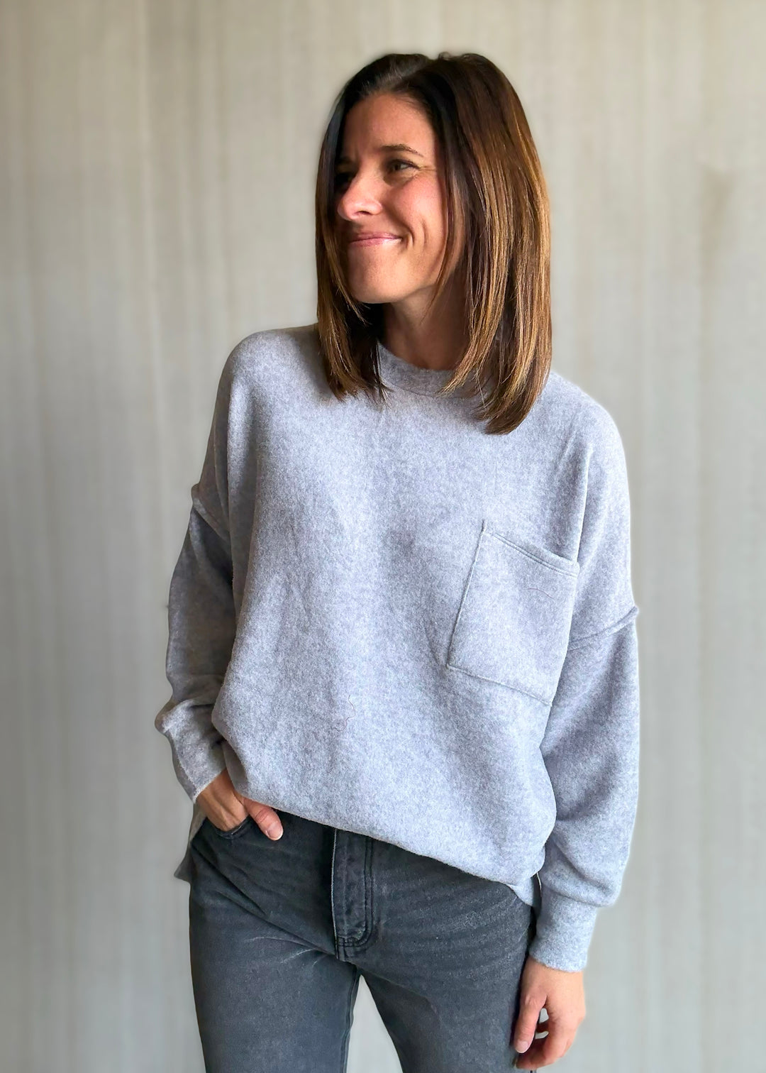 Women's cozy gray Brushed Melange Drop Shoulder Top 