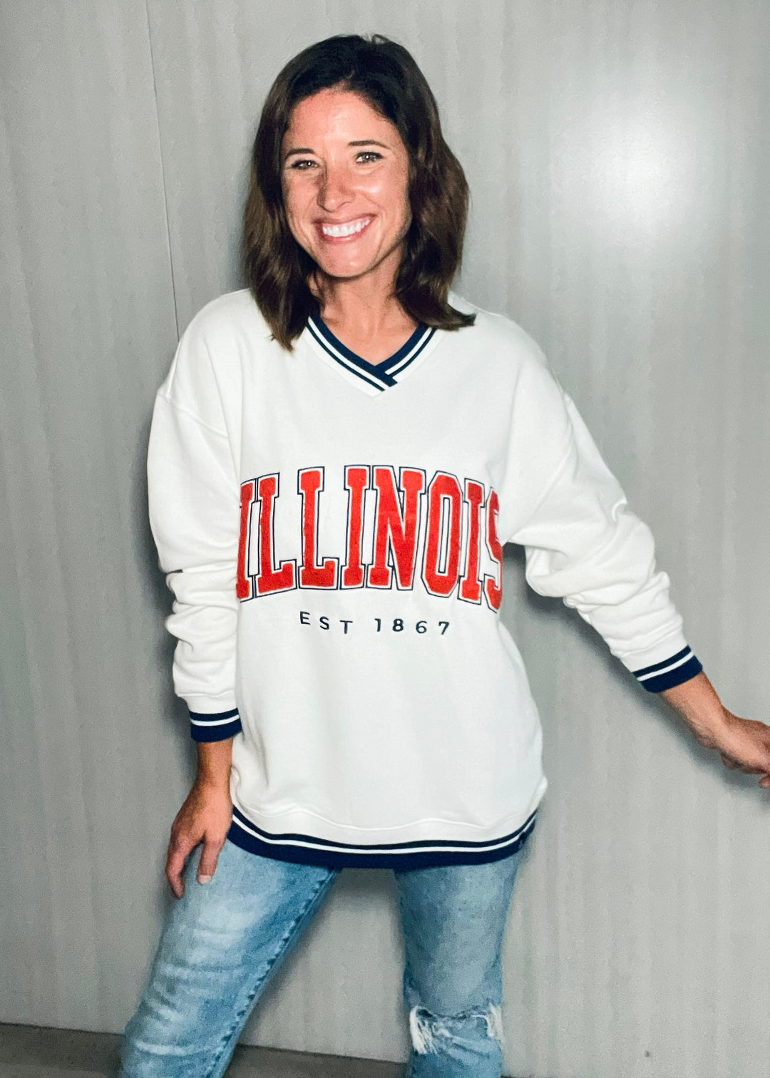 Women's Illinois Chenille Varsity V-Neck | Champaign-Urbana Area Boutique with outfits perfect for Illinois Game Day!