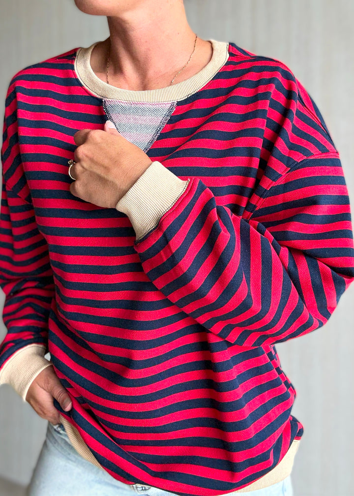Women's Red & Navy Oversized Striped Top
