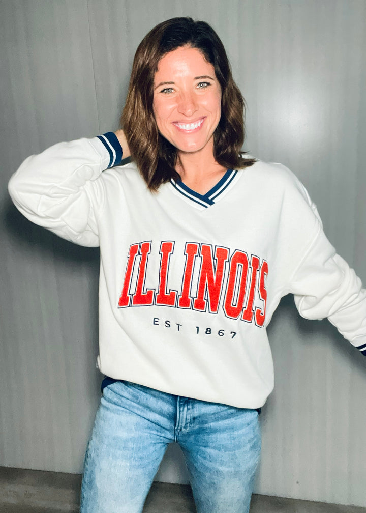 Women's Illinois Chenille Varsity V-Neck | Champaign-Urbana Area Boutique with outfits perfect for Illinois Game Day!