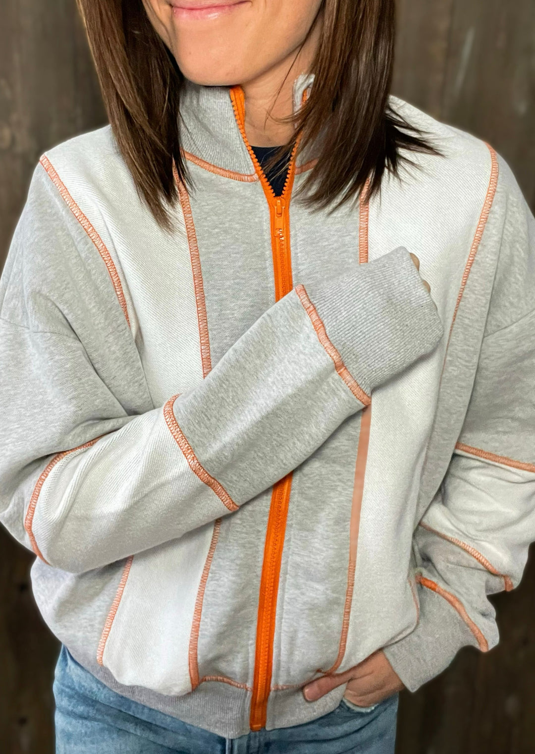 Women's Terry Knit Jacket | Orange, White, & Gray Jacket (Champaign-Urbana Women's Boutique)