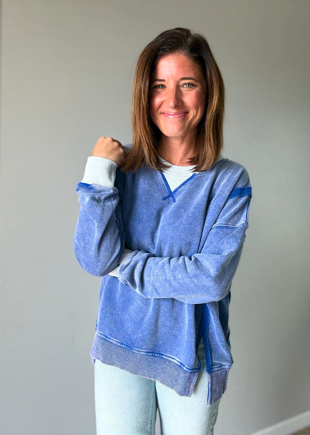 Women's Blue Color Block Pullover | Comfy Sweatshirt