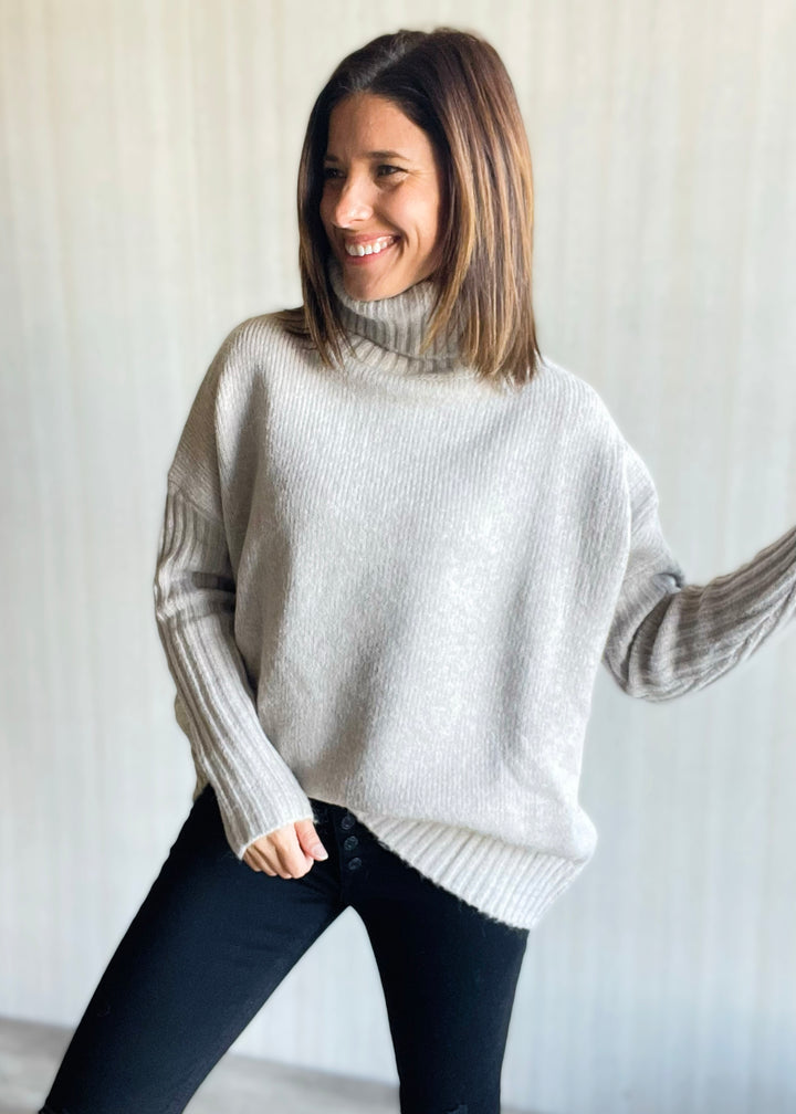 Women's Light Gray Oatmeal Turtleneck Sweater