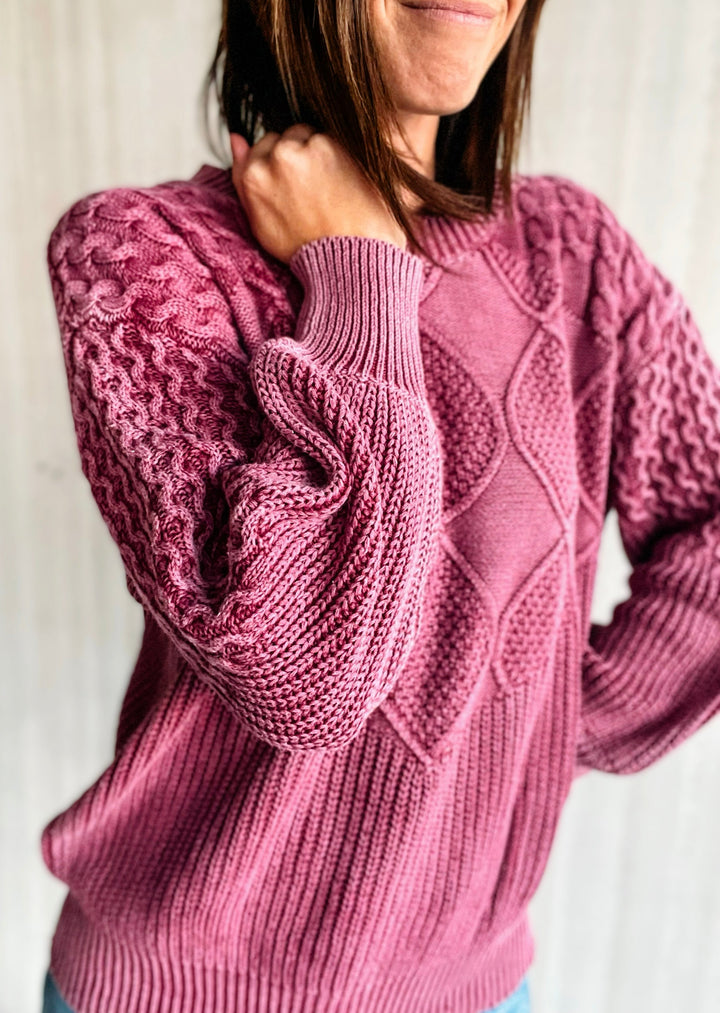 Washed Wine Textured Patterned Sweater