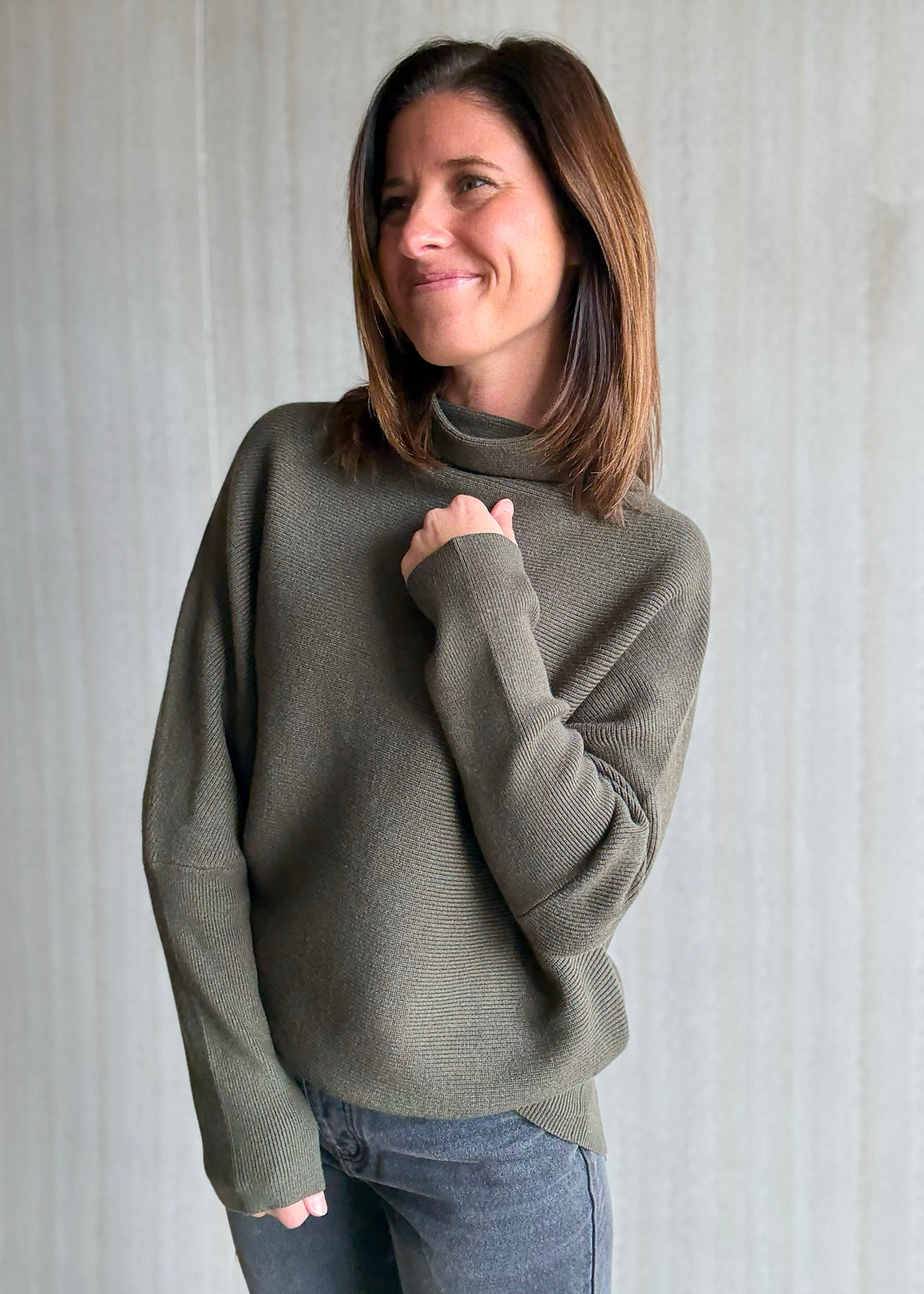 Women's Olive Green Dolman Sleeve Mock Neck Sweater | Cute Winter Classy Sweaters