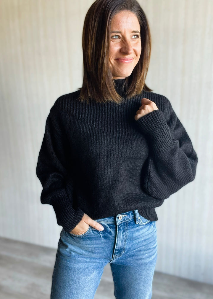 Women's cozy Black Balloon Sleeve Sweater