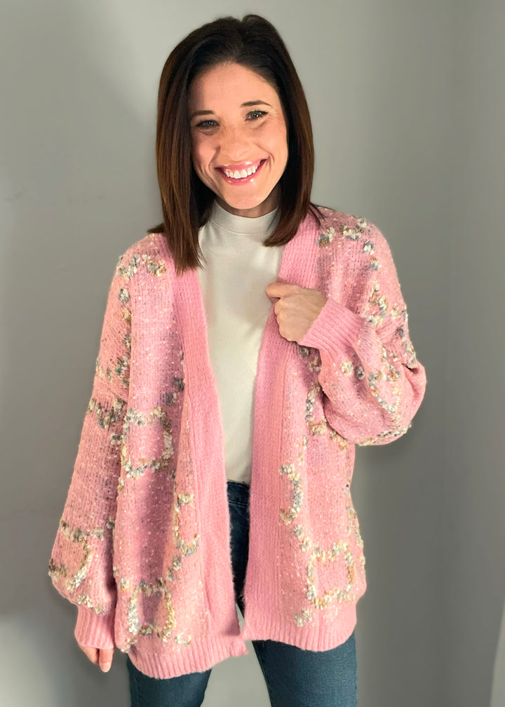 Women's Pink Stardust Cardigan | Popcorn material cardigan | Cute Valentine's Day Sweater Cardigan