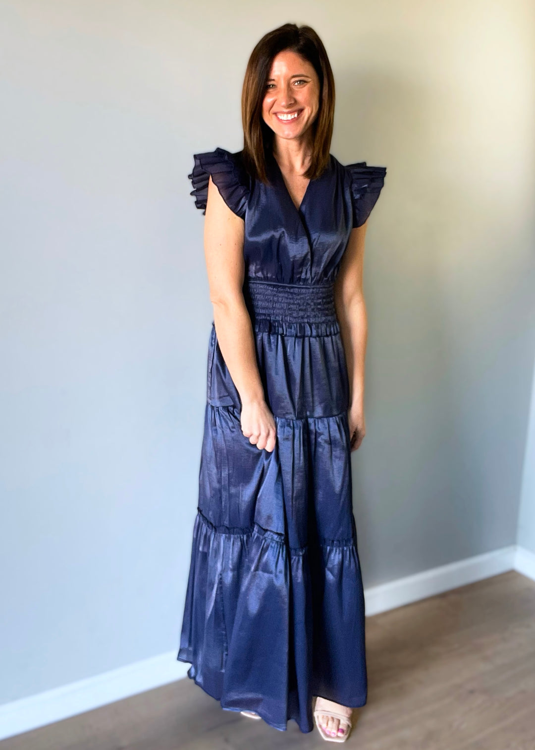 Midnight Blue Satin Tiered Maxi Dress M Midnight Blue Satin Tiered Maxi Dress M