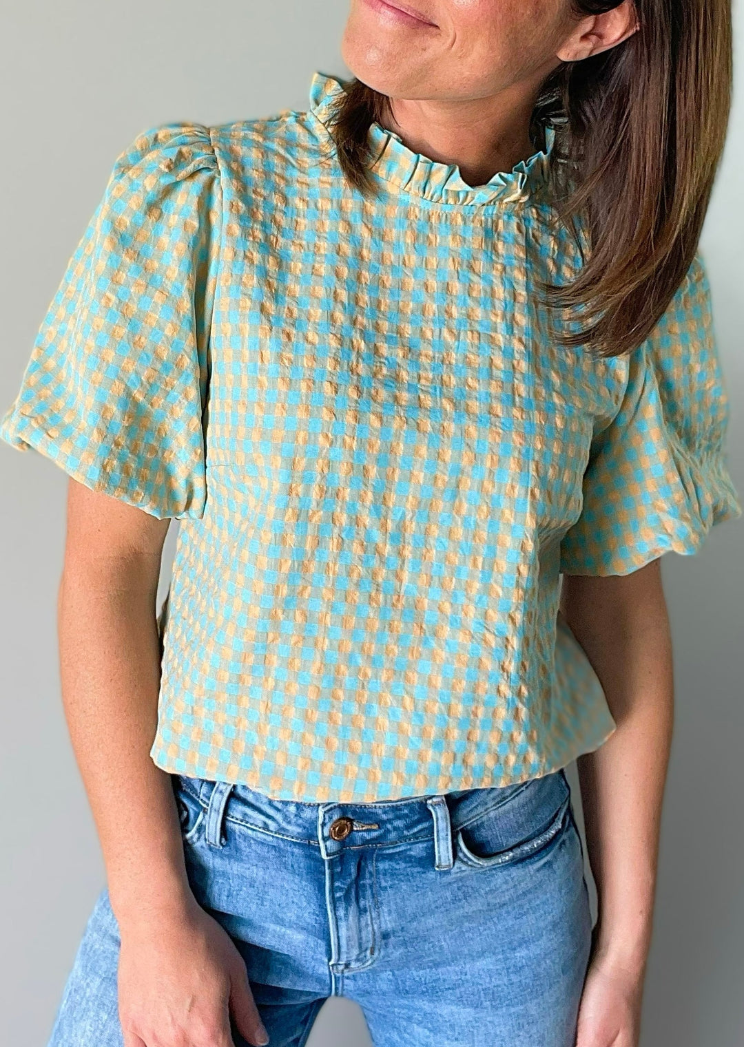 Checkered Melon & Aqua Women's Blouse