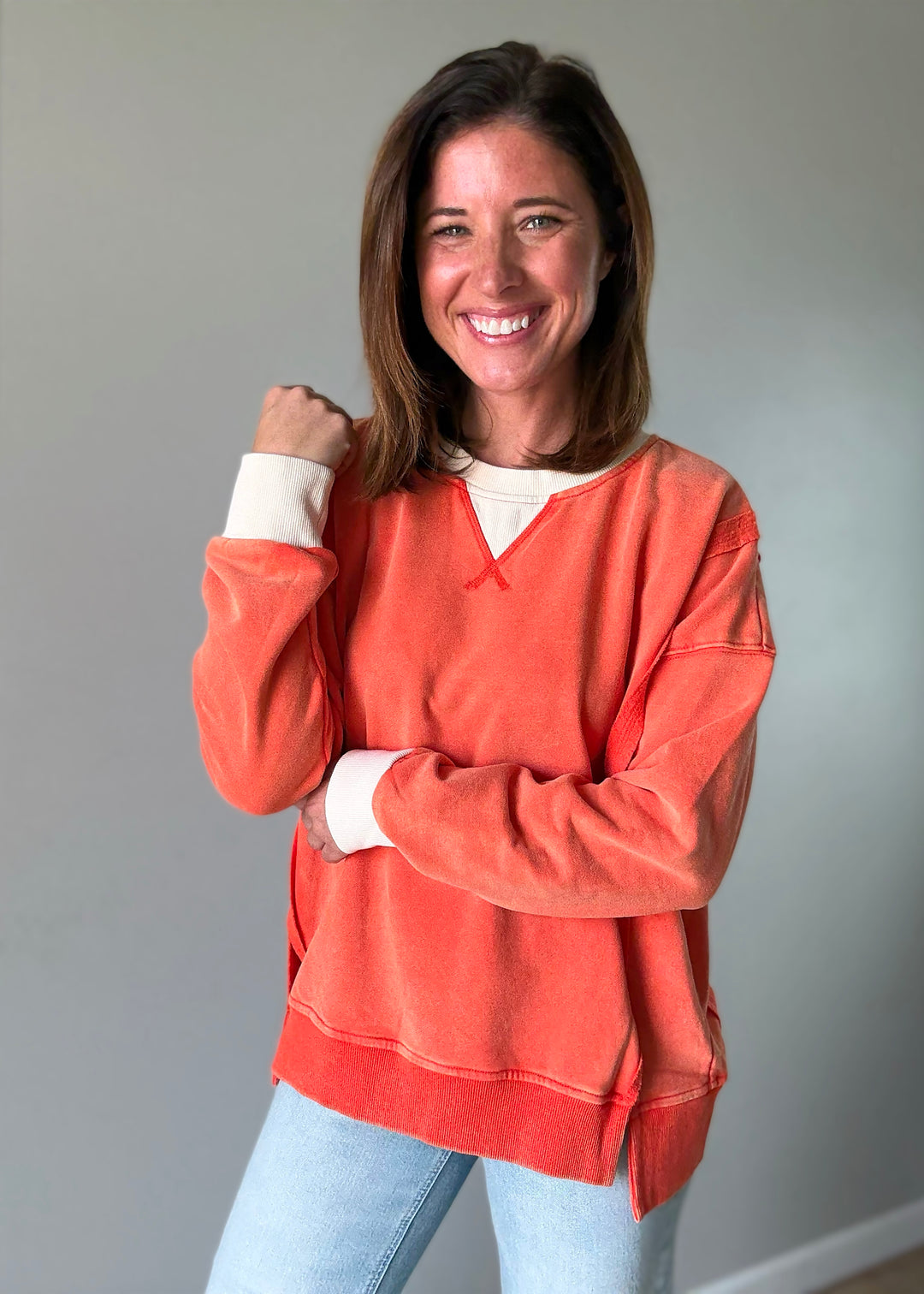 Women's Orange Color Block Pullover | Comfy Sweatshirts