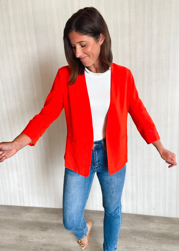 Skies Are Blue Coral Red Collarless Blazer