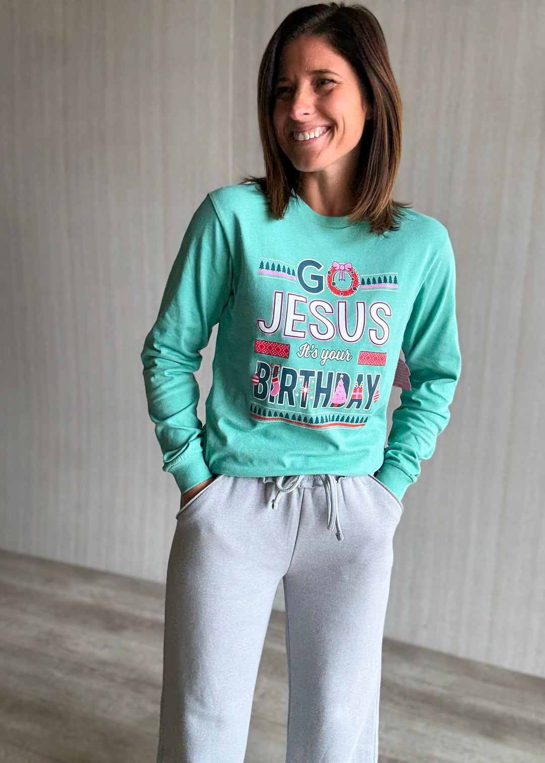 Women's Teal Go Jesus It's Your Birthday Long Sleeved Shirt | Adorable Christmas Shirts