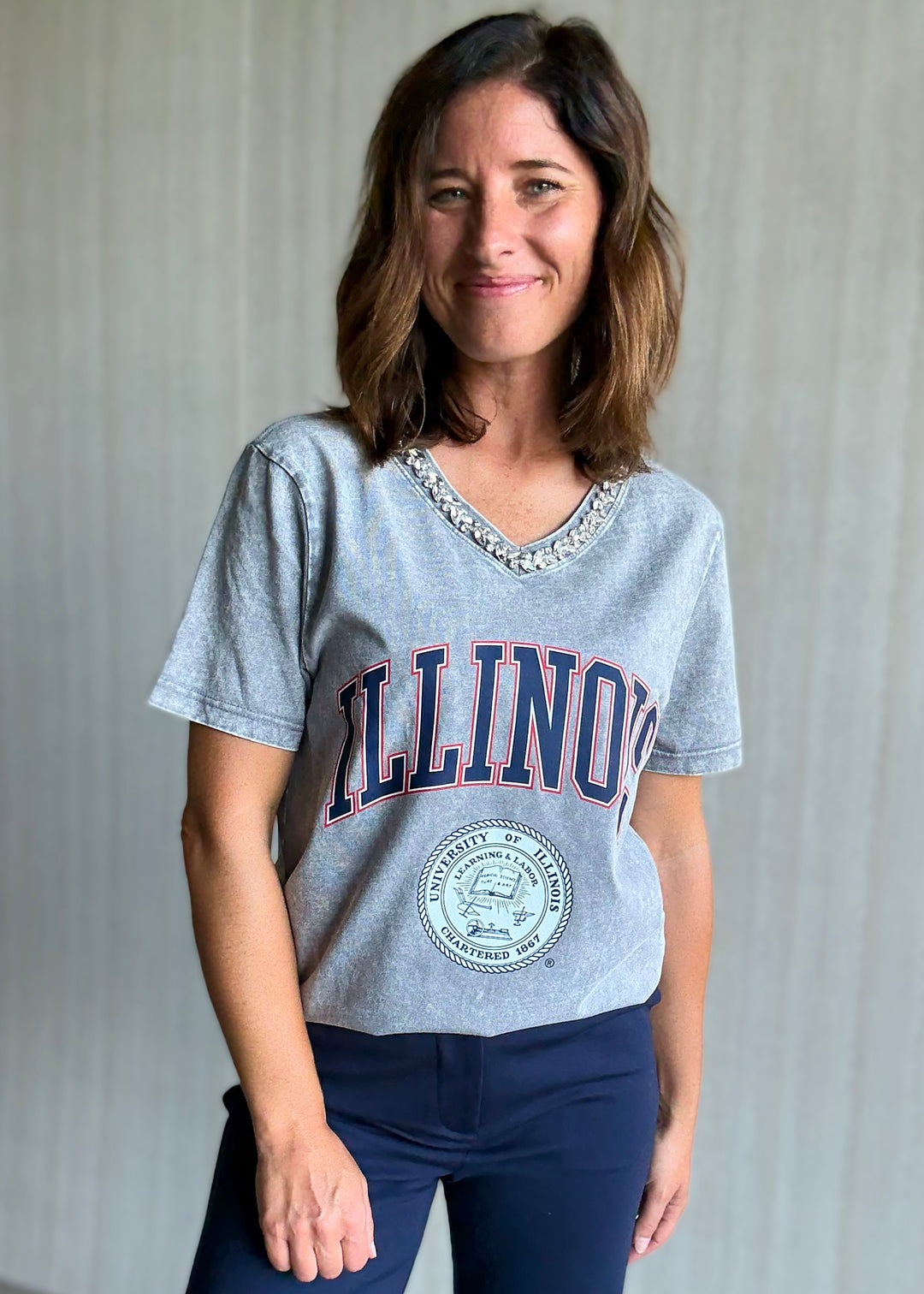 Women's Illinois Jeweled Rhinestone V-Neck Tee | Glam Game Day Outfit