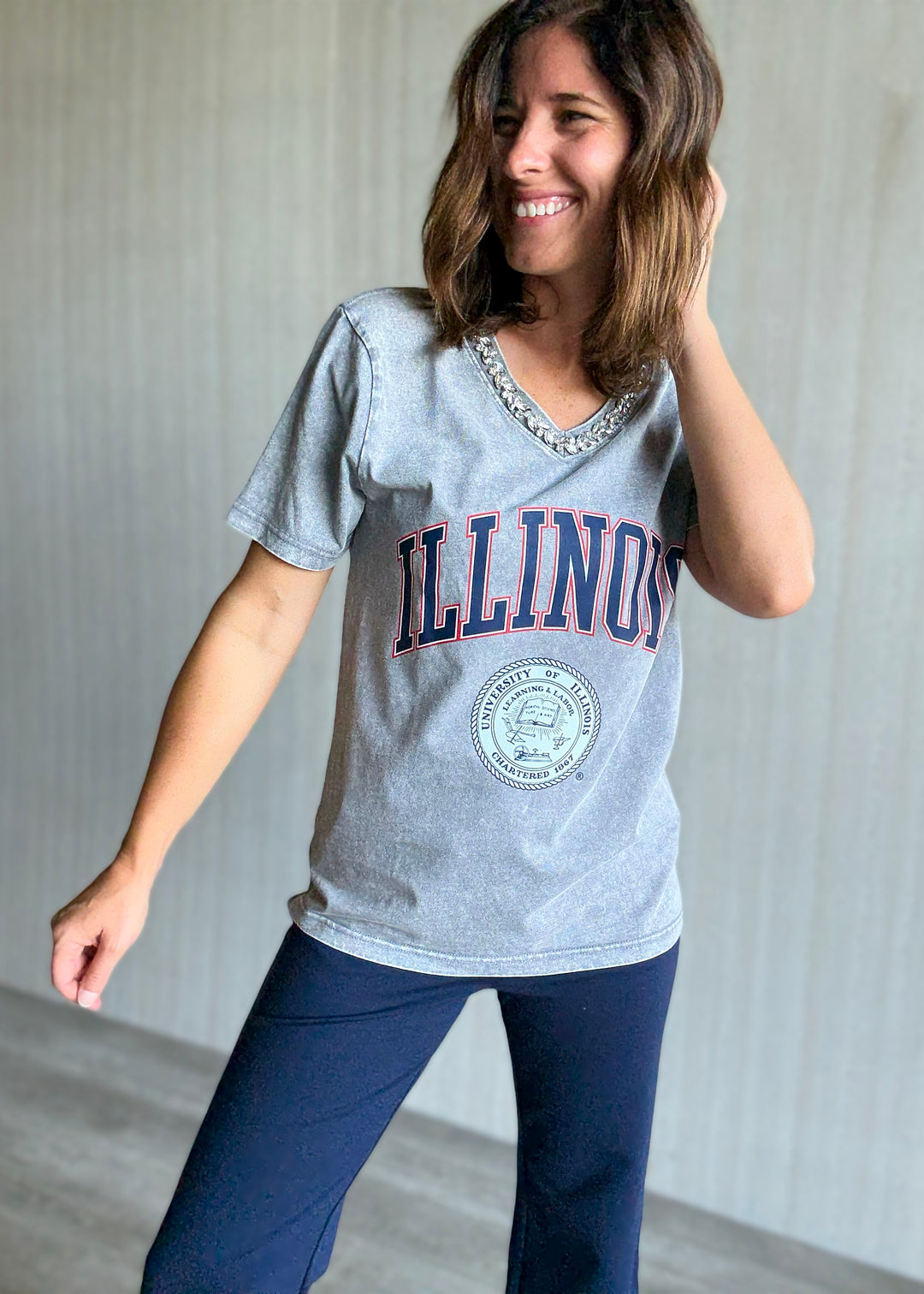Women's Illinois Jeweled Rhinestone V-Neck Tee | Glam Game Day Outfit