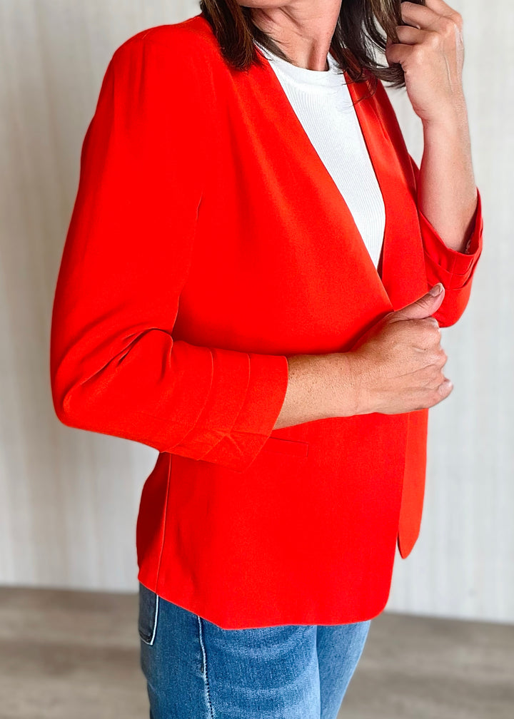 Skies Are Blue Coral Red Collarless Blazer