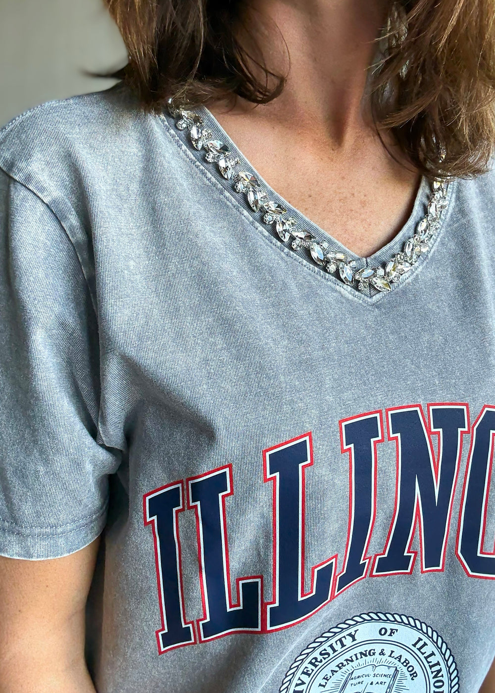Women's Illinois Jeweled Rhinestone V-Neck Tee | Glam Game Day Outfit
