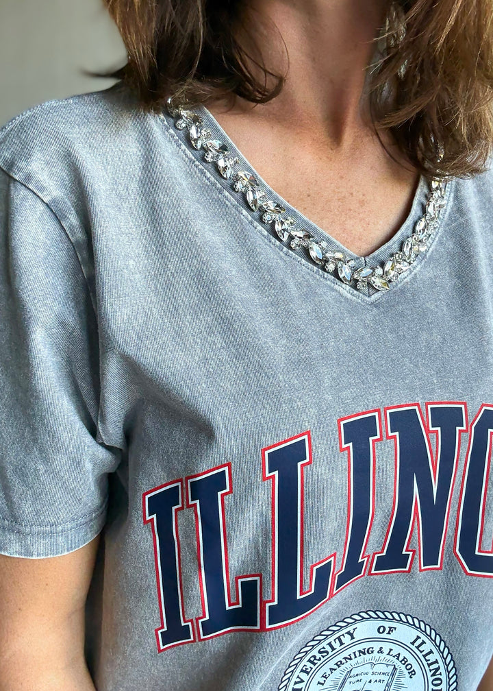 Women's Illinois Jeweled Rhinestone V-Neck Tee | Glam Game Day Outfit
