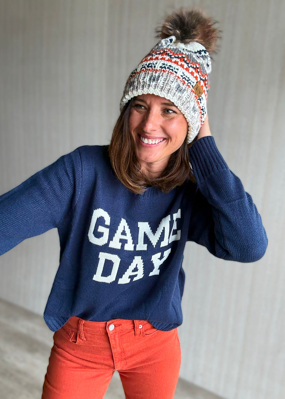 Women's Orange, White & Navy Blue Patterened Pom Winter Hat with fleece lining
