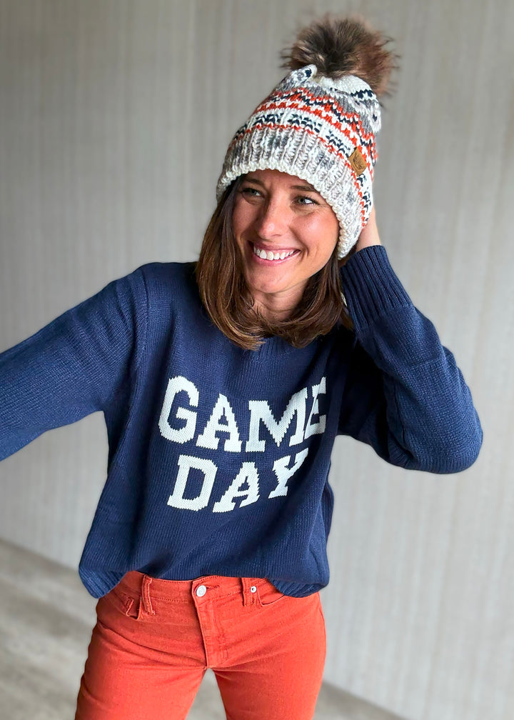 Women's Orange, White & Navy Blue Patterened Pom Winter Hat with fleece lining