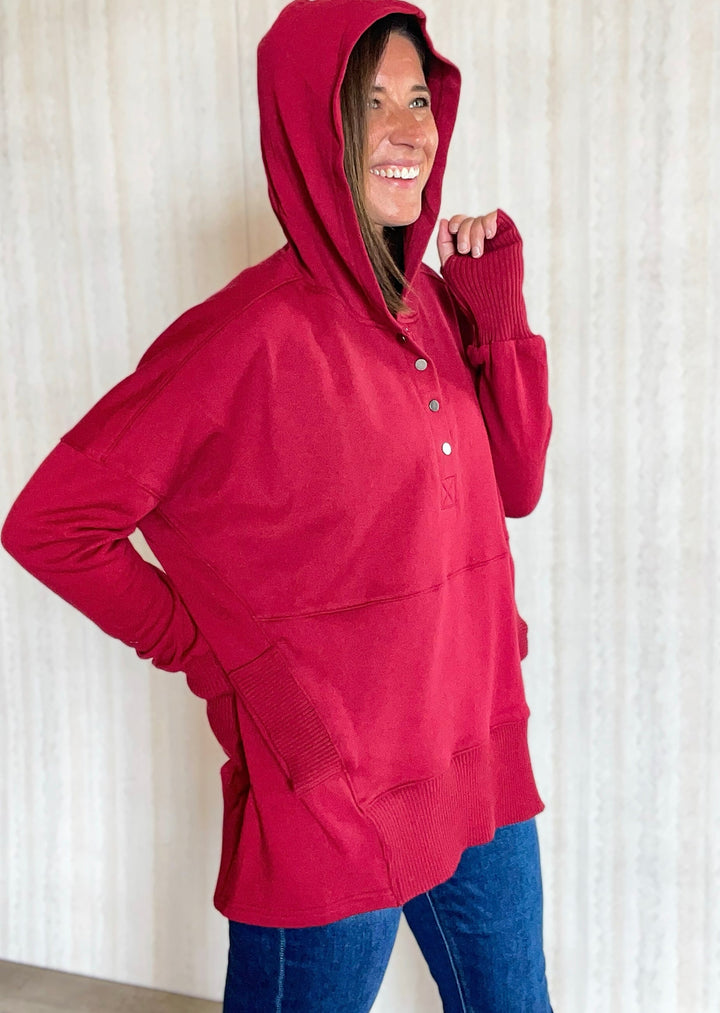 Bordeaux Hoodie Pullover | Burgundy snap pullover with pockets