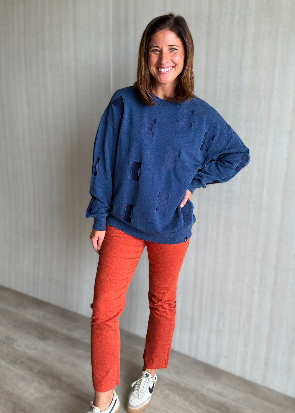 Women's Navy Blue Illinois Varsity “I” Repeat Sweatshirt | Cute Illinois Game Day Sweatshirt with orange jeans