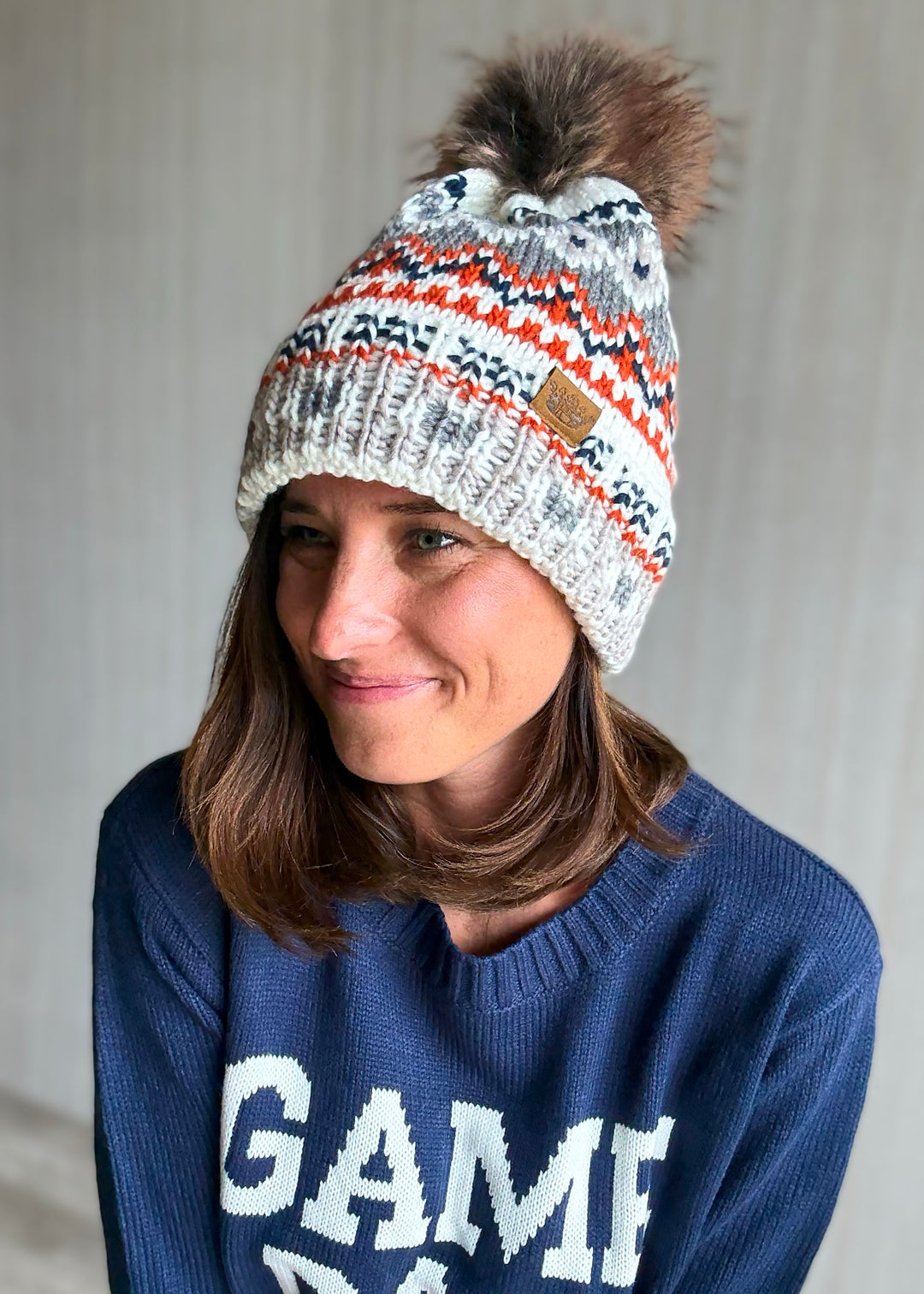 Women's Orange, White & Navy Blue Patterened Pom Winter Hat with fleece lining