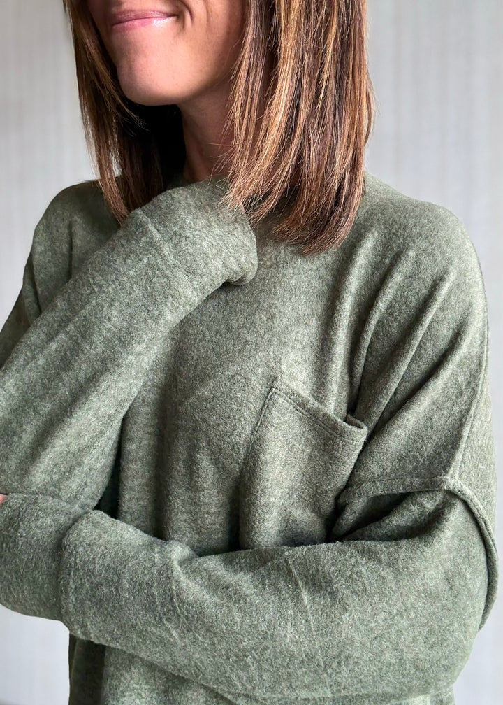 Women's cozy olive green Brushed Melange Drop Shoulder Top 